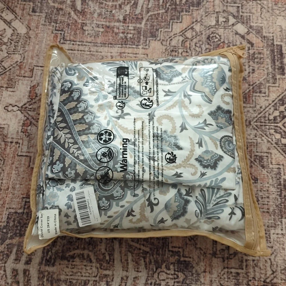 Grey Blue Paisley Duvet Set King Size 3 Pieces 100% Cotton Boho Paisley Pattern